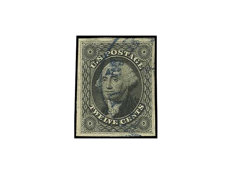 12 c. black with 4 full margins, used with light blue c.d.s, very fine (Scott-Nr. 17)
