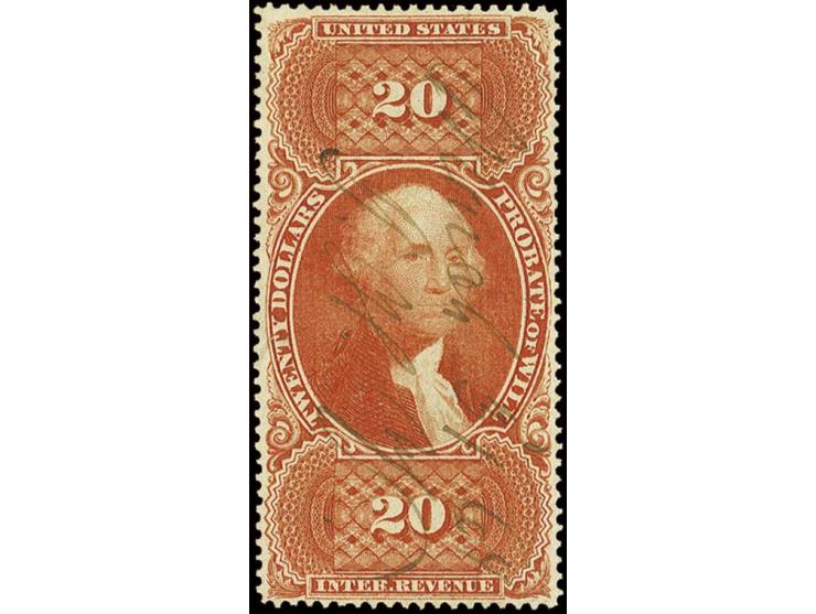 REVENUE STAMPS: 1864, Probate of will 20 $ orange, used with pen, perfectly centered, very fine and rare, certificate PF