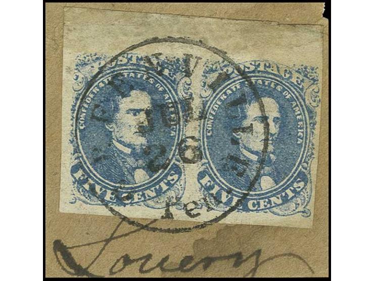 1862, 5 c. blue, horizontal pair with upper sheet margin, tied by "GREENVILLE TEN. / JUL 26" cds. to piece, fine