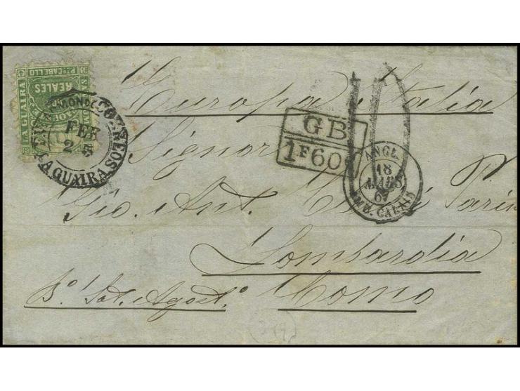 STAMPS OF FELIX RASCO, CARACAS: 1866, Dos Reales  green, rouletted sawtooth, tied by La Guaira cds. to entire letter 1867,  v