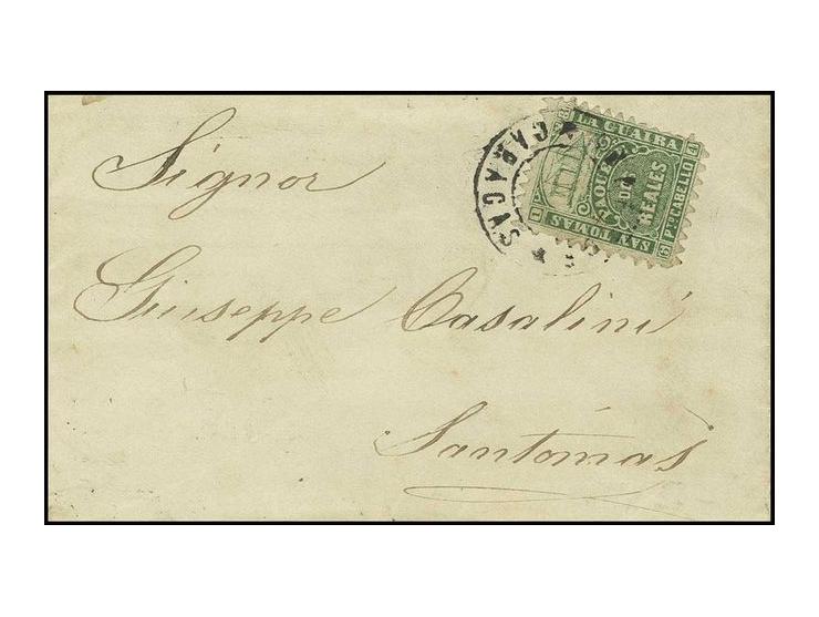 Dos Reales   green, rouletted sawtooth, tied by La Guaira cds. to cover to San Thomas, reverse with arrival marks,  part of b