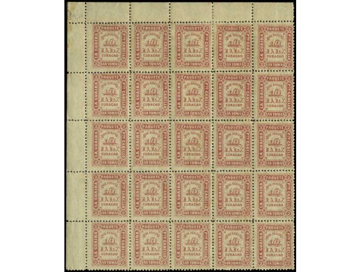 Dos Reales perf. 12½, block of 25 from the upper left sheet corner, two stamps hinged the others unhinged  mint, some with sm