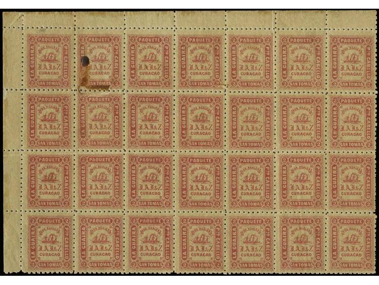 Dos Reales perf. 10, block of 28 from the upper  left sheet corner, two stamps with gum on front, stamps are unhinged mint,  