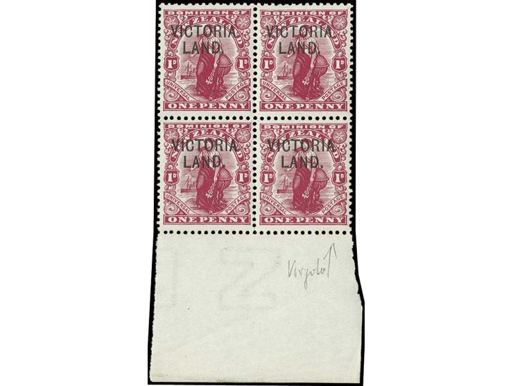 1 d. carmine, block of four, with below sheet margin, 1 stamp with printing error "comma instead point", unmounted mint, fine