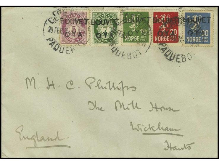1934, "BOUVET OYA", overprint on all 5 Norway stamps, tied by "CAPETOWN PAQUEBOT 28. FEB. 34" cds. to cover to England, very 