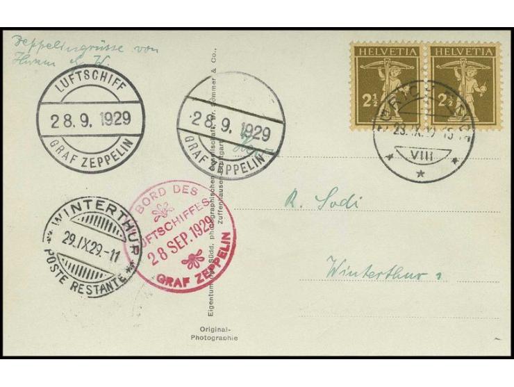 3. Schweizfahrt, Fotokarte mit Schweiz-Frankatur und Bord- und Bordpoststempel Abwurf Zürich mit seltenerem Ankunftsstempel (