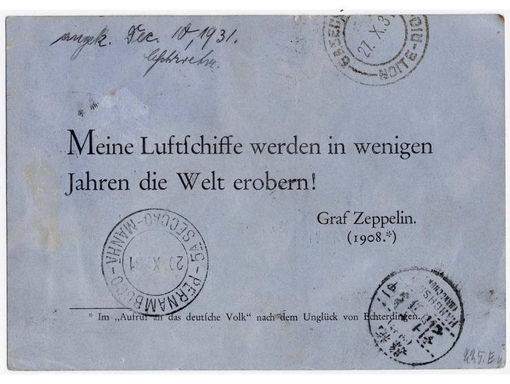 3. Südamerikafahrt, R-Drucksachenkarte, Auflieferung Friedrichshafen nach Hangchow, Ankunftsstempel, rückseitig kleine Haftst