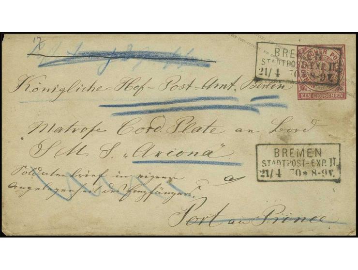 1870, NDP Ganzsachenumschlag 1 Gr. mit Ra3 "BREMEN 21.4.70" an einen Matrosen an Bord S.M.S. "Arcona" in Port au Prince via K