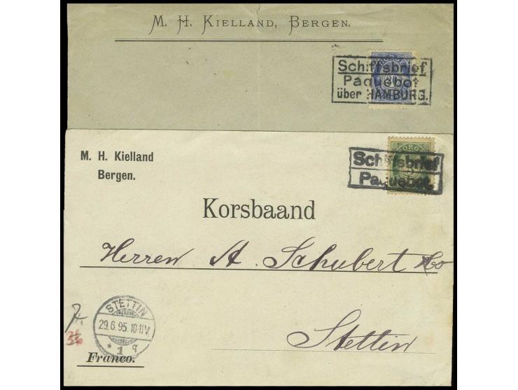 1895, "SCHIFFSBRIEF/PAQUEBOT", Ra2 auf frankierter Karte und 1898, "SCHIFFBRIEF/PAQUEBOT/ÜBER HAMBURG", Ra3 auf frankiertem B