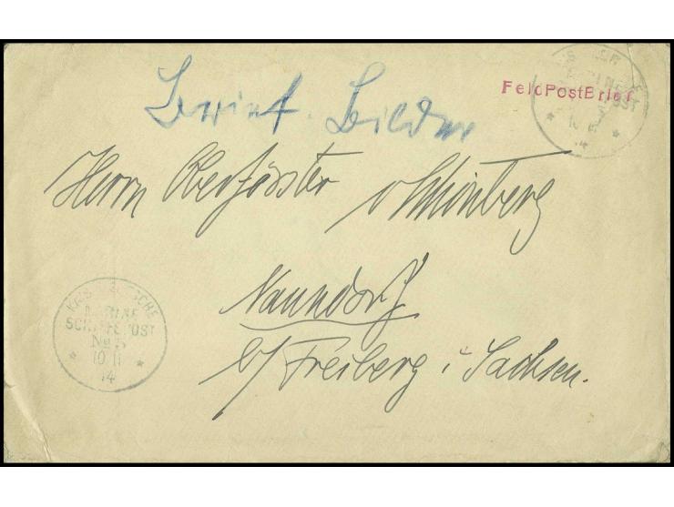 "MSP No. 5 10.11.14" (SMS Nürnberg), 2mal auf Feldpostbrief mit rotem L1 "FeldPostBrief" und rückseitigem roten Absenderstemp