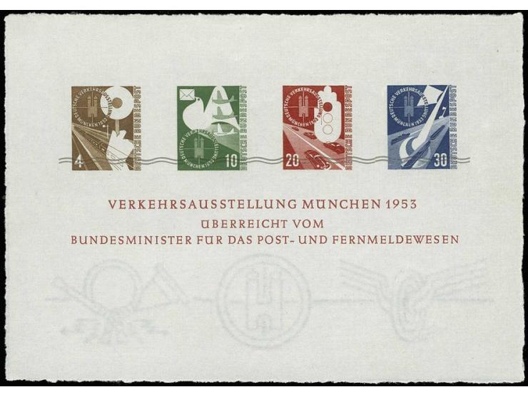 1953, Verkehrsausstellungs-Block auf handgeschöpftem Büttenpapier, ungummiert wie verausgabt, einwandfreie Erhaltung, eine de