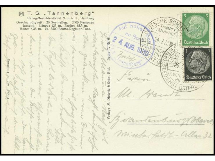 D. R. Hindenburg 1 und 5 Pfg. gestempelt "DSP SEEDIENST OSTPREUSSEN SWINEMÜNDE-PILLAU DAMPFER TANNENBERG 24.2.38" und blauer 