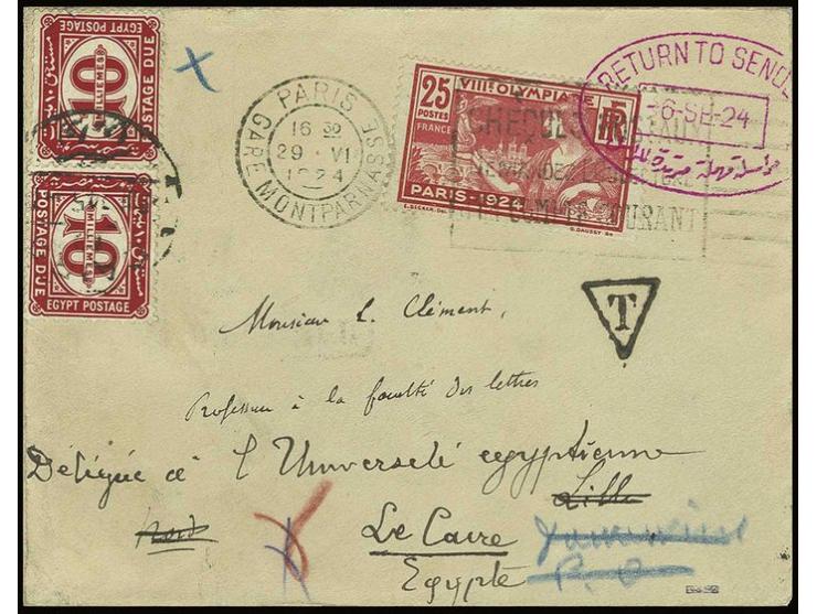 1924, PARIS: Sonderausgabe 25 C. auf Brief mit Maschinenstempel "PARIS GARE MONTPARNASSE 29.VI 1924" nach Kairo, nachtaxiert 
