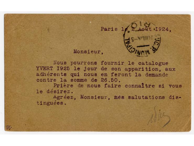 Sonderganzsachenkarte 30 C. ungebraucht und gebraucht, letztere mit Stempel "PARIS PL. DE VAUGIRARD" nach Rio de Janiero gela