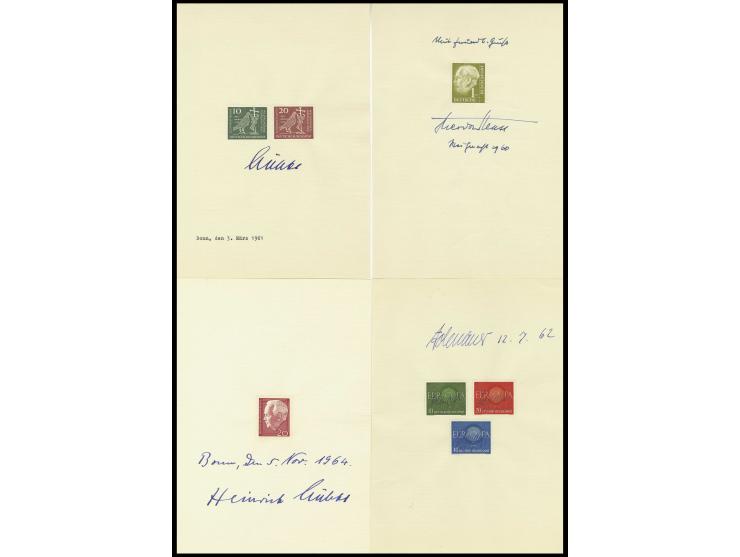 Adenauer, Konrad, eigenhändig auf 3 Briefmarken, datiert 10.7.62, diese auf Unterlage mit weiterer Unterschrift, datiert 12.7