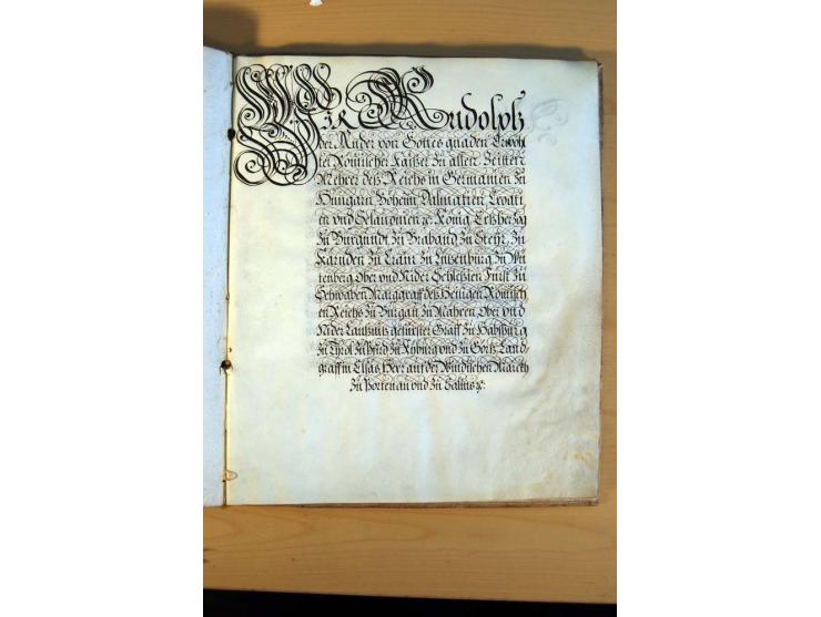 Rudolf II von Habsburg, römisch-deutscher Kaiser, 1609, 16seitiger Adelsbrief mit dekorativem handgemaltem Familienwappen, Ka