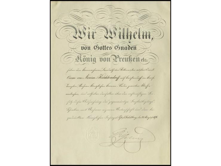 WILHELM I (1797-1888), dt. Kaiser 1871-1888, Urkunde mit e.U. (datiert 1876), leichte Rand- und Faltspuren, Urkunde unten ein