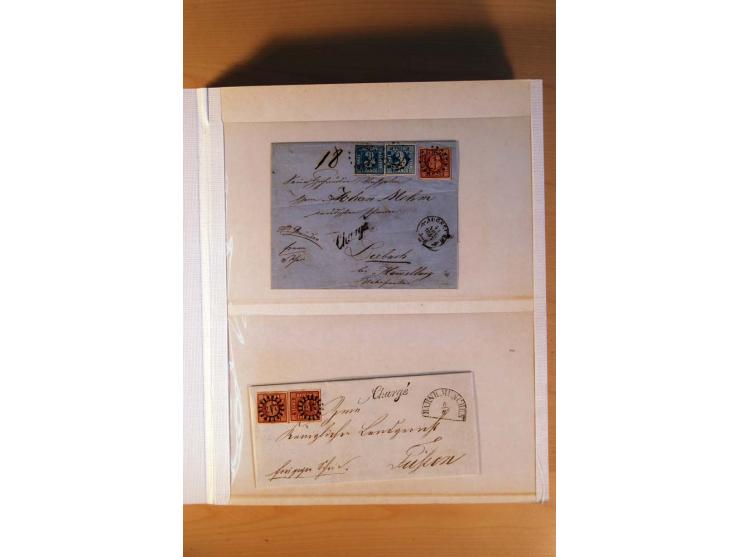 1849/70 (ca.), Sammlungsbestand von einigen losen Marken und Briefstücken (u. a. Probedruck der Nr. 1 mit entferntem Seidenfa
