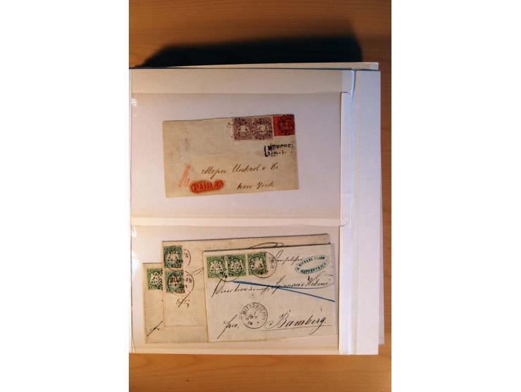 1849/70 (ca.), Sammlungsbestand von einigen losen Marken und Briefstücken (u. a. Probedruck der Nr. 1 mit entferntem Seidenfa
