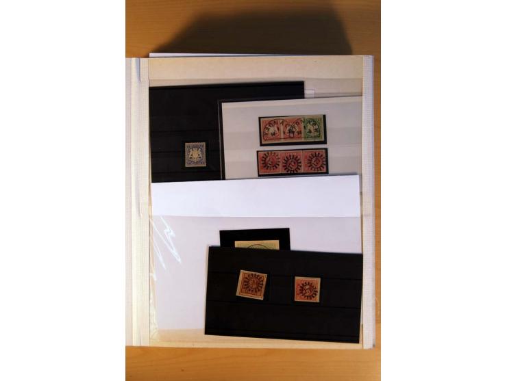 1849/70 (ca.), Sammlungsbestand von einigen losen Marken und Briefstücken (u. a. Probedruck der Nr. 1 mit entferntem Seidenfa