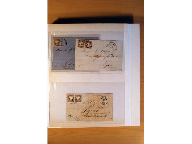 1849/70 (ca.), Sammlungsbestand von einigen losen Marken und Briefstücken (u. a. Probedruck der Nr. 1 mit entferntem Seidenfa