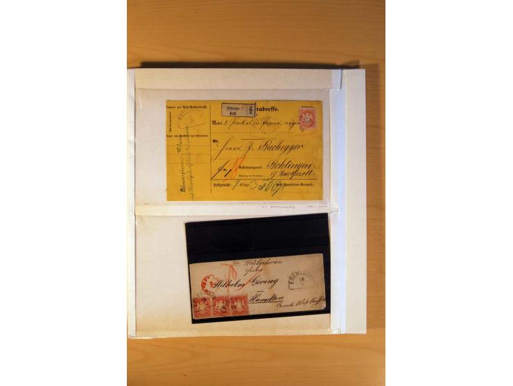 1849/70 (ca.), Sammlungsbestand von einigen losen Marken und Briefstücken (u. a. Probedruck der Nr. 1 mit entferntem Seidenfa