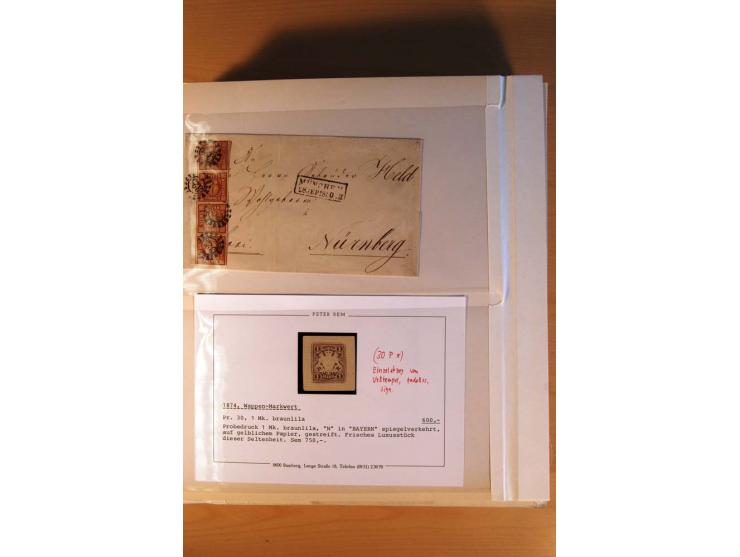 1849/70 (ca.), Sammlungsbestand von einigen losen Marken und Briefstücken (u. a. Probedruck der Nr. 1 mit entferntem Seidenfa