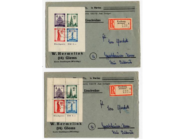 1949/51, kleine Partie Bund, Berlin und Französische Zone dabei Berlin Block 1 mit Zusatzfrankatur auf R-Brief, Fotoattest Sc