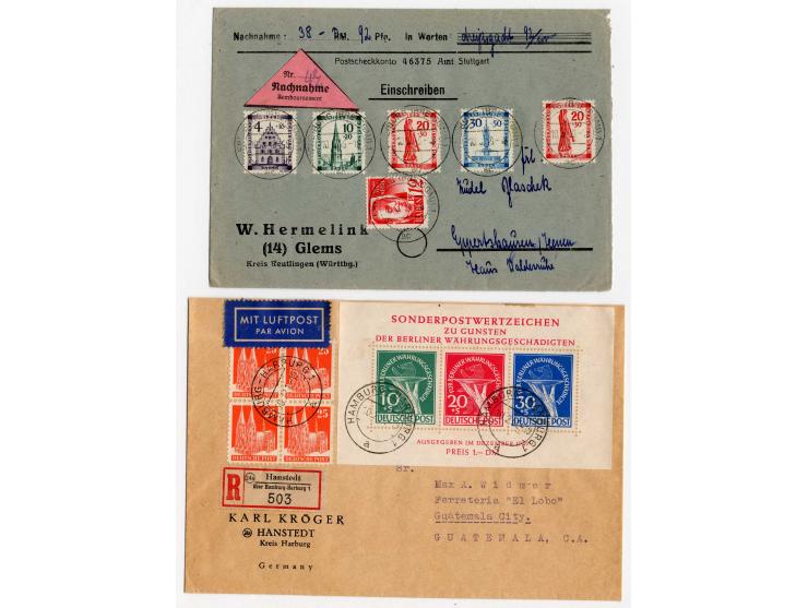 1949/51, kleine Partie Bund, Berlin und Französische Zone dabei Berlin Block 1 mit Zusatzfrankatur auf R-Brief, Fotoattest Sc