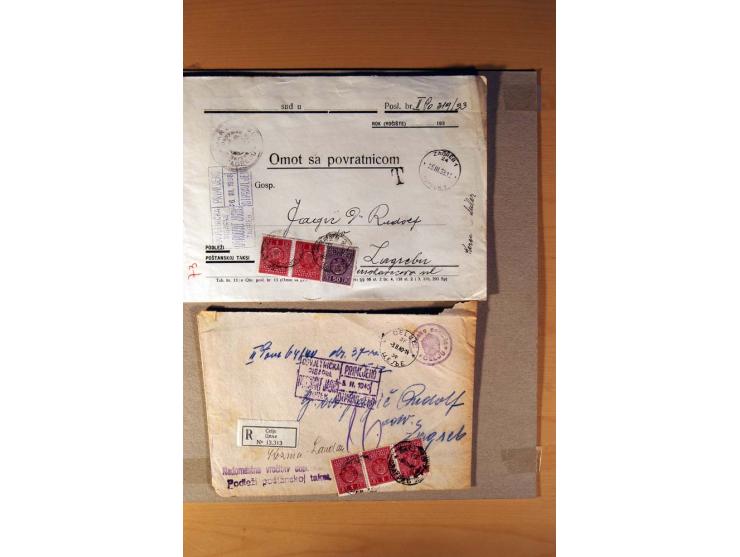 1918/60, meist gestempelter Doublettenposten auf Albenseiten, dazu ca. 60 Briefe und Karten vor 1960 mit auch Portomarken-Fra