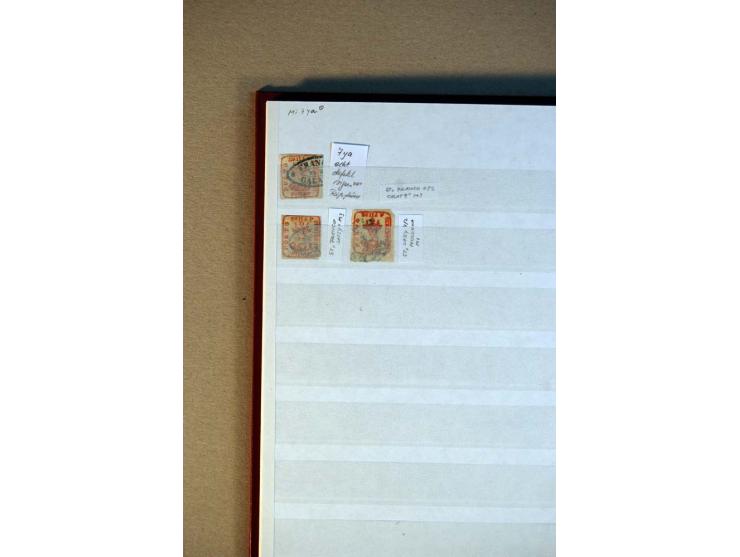 1858, ungebrauchte und gestempelte Zusammenstellung mit Mi.-Nr. 5I, 6 (21) und 7 (3), dabei Paare, Briefstücke, farbige Stemp
