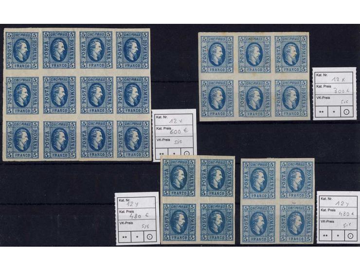 1865, Fürst Cuza 5 und 10 Par., ungebrauchte Partie in Einheiten, dabei Mi.-Nr. 12y (zwei 4er-Blocks), Nr. 13 Druckstein I (4