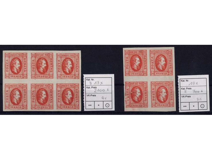 1865, Fürst Cuza 5 und 10 Par., ungebrauchte Partie in Einheiten, dabei Mi.-Nr. 12y (zwei 4er-Blocks), Nr. 13 Druckstein I (4