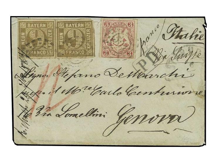 9 Kreuzer ockerbraun, zwei Einzelwerte in Mischfrankatur mit Wappen 3 Kreuzer rosa, alle voll- meist breitrandig mit oMR "501