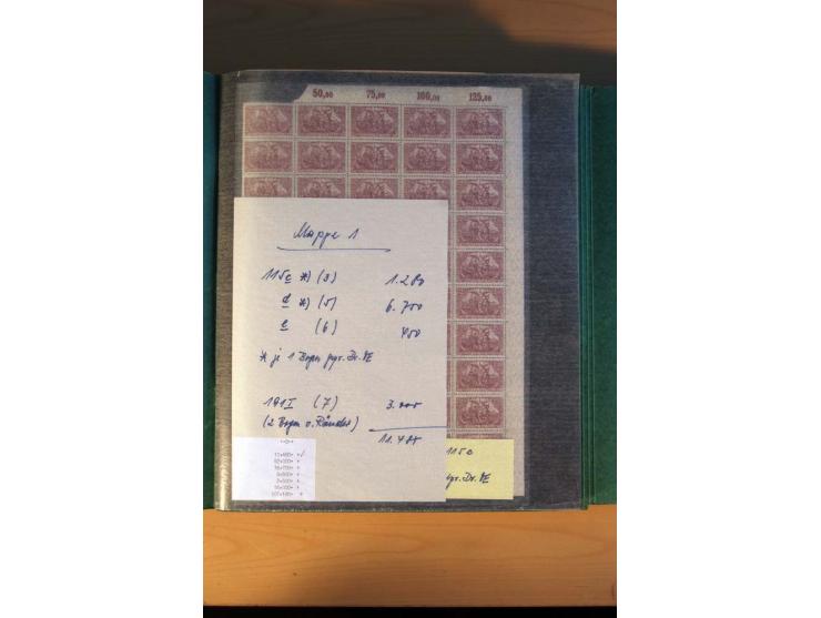1915/23, Zusammenstellung Infla-Ausgaben in kpl. Bogen mit Farben und anderen Besonderheiten, u.a. Mi.-Nr. 115c(3), d(5), 246
