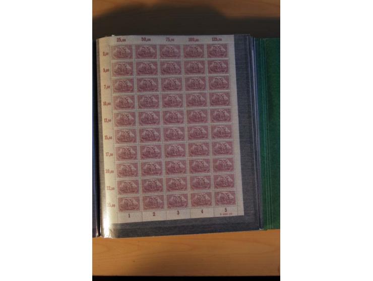 1915/23, Zusammenstellung Infla-Ausgaben in kpl. Bogen mit Farben und anderen Besonderheiten, u.a. Mi.-Nr. 115c(3), d(5), 246