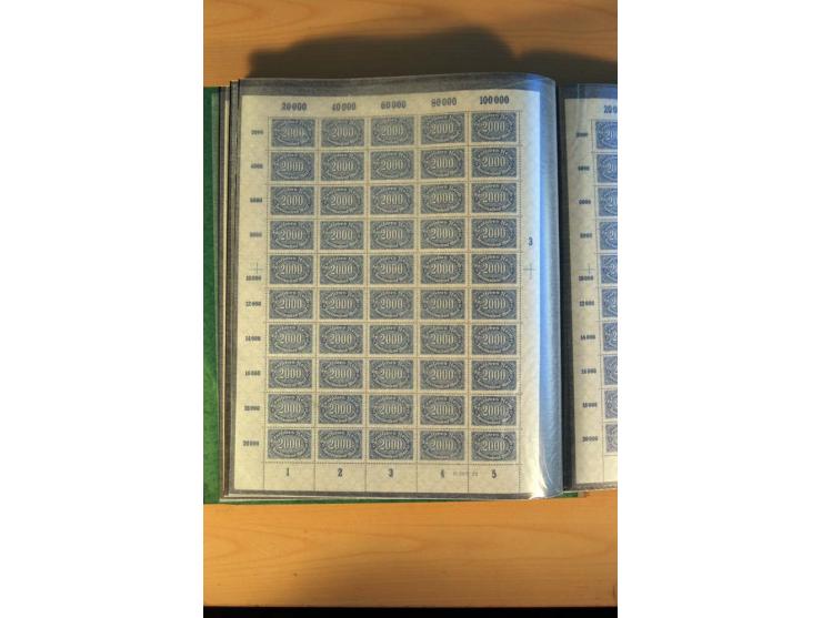 1915/23, Zusammenstellung Infla-Ausgaben in kpl. Bogen mit Farben und anderen Besonderheiten, u.a. Mi.-Nr. 115c(3), d(5), 246