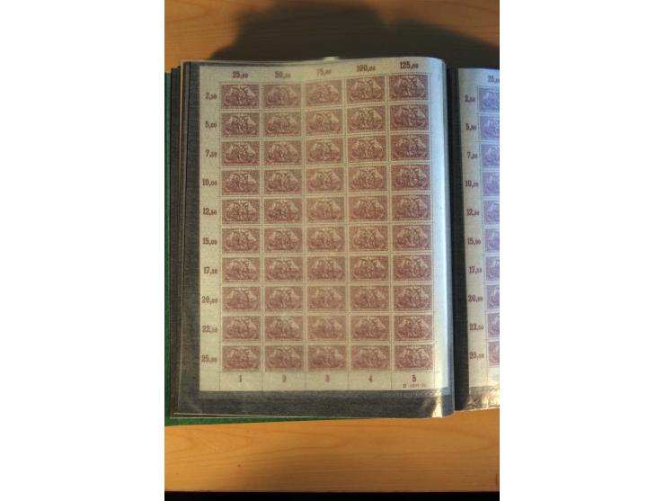 1915/23, Zusammenstellung Infla-Ausgaben in kpl. Bogen mit Farben und anderen Besonderheiten, u.a. Mi.-Nr. 115c(3), d(5), 246