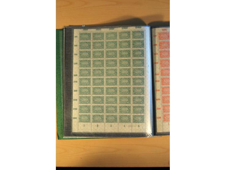 1915/23, Zusammenstellung Infla-Ausgaben in kpl. Bogen mit Farben und anderen Besonderheiten, u.a. Mi.-Nr. 115c(3), d(5), 246