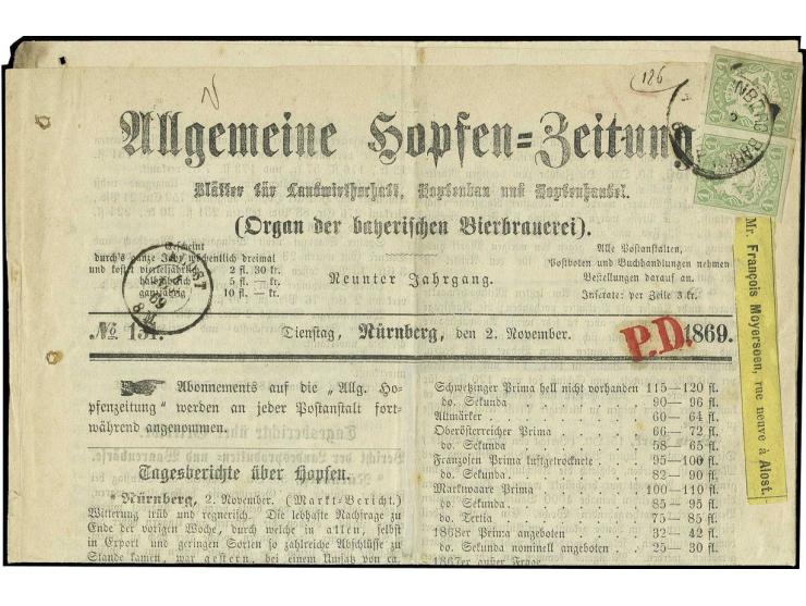 1 Kreuzer grün im waagerechten Paar, voll- bis breitrandig, unten mit Vortrennschnitt, mit EKr. "NÜRNBERG BAHNH. 2..." auf Ex
