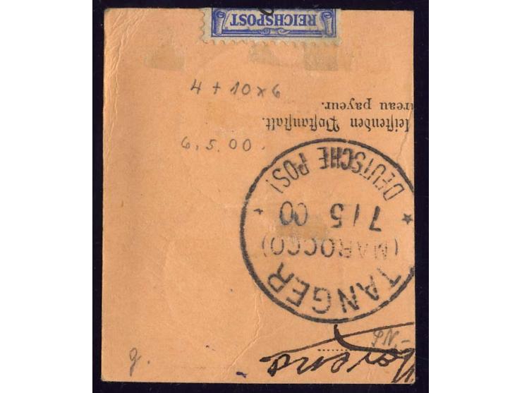 1899, 60 C. auf 50 Pfg., 5 waagerechte Paare mit Einzelstück 25 C. auf 20 Pfg., treppenförmig geklebt mit sauberem Stempel "L