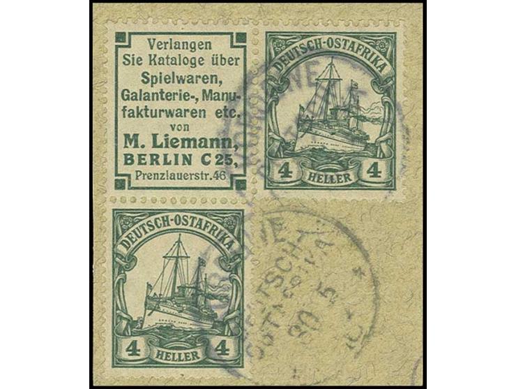 ZUSAMMENDRUCKE: M. Liemann + 2 Stück 4 H. im 3er-Block mit 2 Abschlägen "KOROGWE 30 5 16" auf Briefstück, die untere Marke üb
