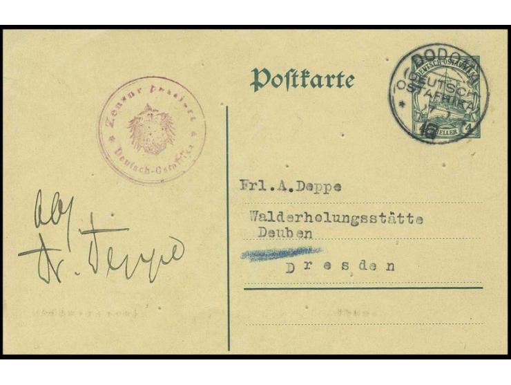 STEMPEL: "DODOMA 27.2.16" mit großer Aushilfsjahreszahl auf Bedarfs-Ganzsachenkarte 4 H. mit violettrotem Zensurstempel nach 
