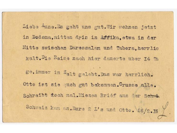 STEMPEL: "DODOMA 27.2.16" mit großer Aushilfsjahreszahl auf Bedarfs-Ganzsachenkarte 4 H. mit violettrotem Zensurstempel nach 