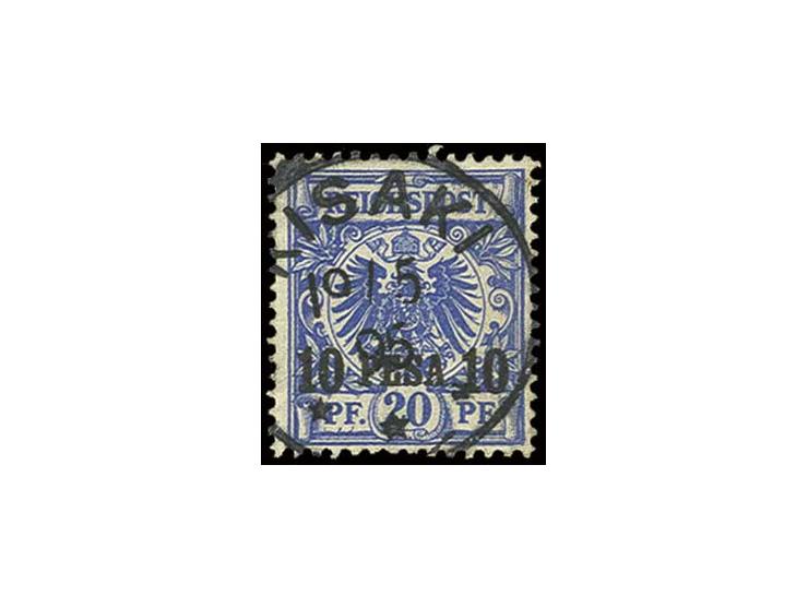 "KISAKI 19/5 95", praktisch kpl. und zentrisch abgeschlagen auf 10 P. auf 20 Pfg., Pracht, ein seltener Stempel, Fotoattest J