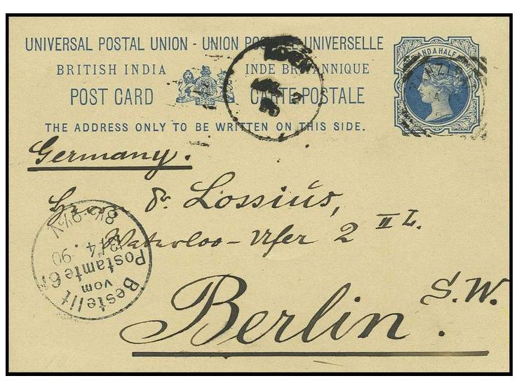 DIVERSES: 1890, Ganzsachenkarte Indien 1 1/2 A., gestempelt "ZANZIBAR 17. Ma. 90", geschrieben in Lamu, 28 Februar / 16 März 