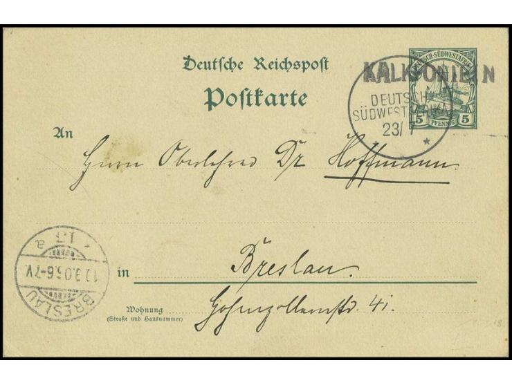 STEMPEL: "KALKFONTEIN 23/7", Wanderstempel in Großbuchstaben auf Bedarfsganzsachenkarte 5 Pfg. nach Breslau mit Ankunftsstemp