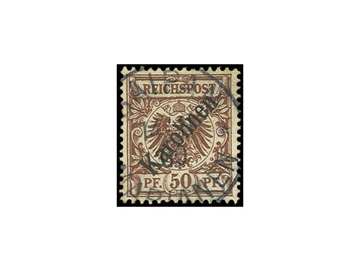 50Pfg. mit zentrischem Stempel "SAIPAN MARIANEN 14 11 00", bis auf die Spur eines ausgefallenen Papierkorns im oberen Bereich