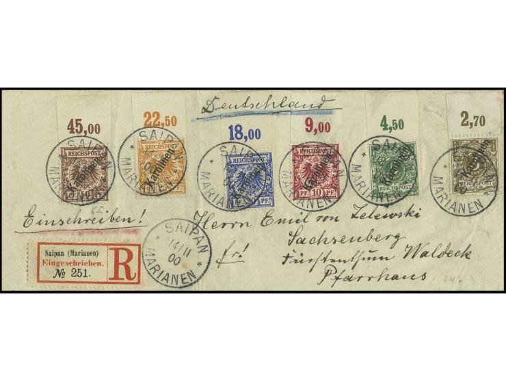 50 Pfg. und 20 Pfg. zusammen mit Steilaufdruck 3-10 und 25 Pfg., alles Oberrandstücke einheitlich von Feld 9, jeweils klar ge
