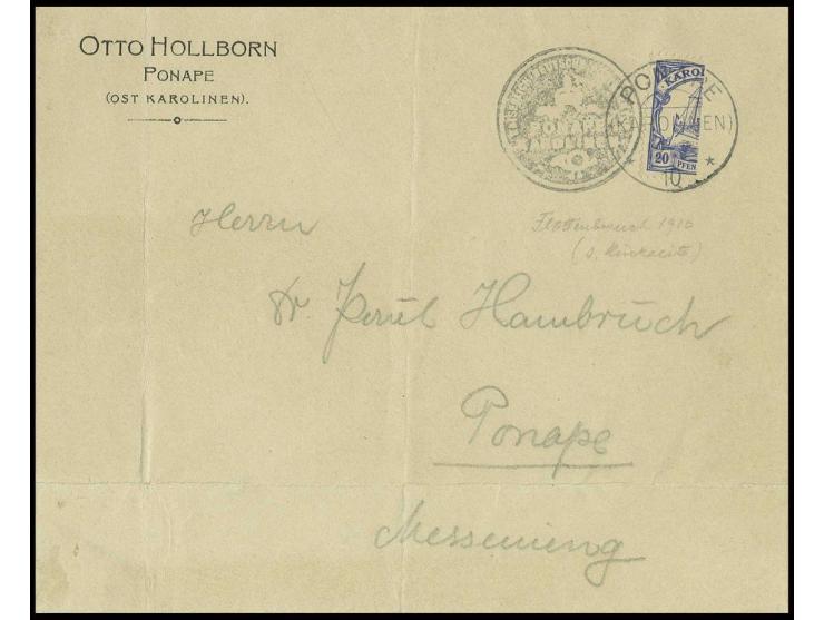 1900, ohne Wasserzeichen: 20 Pfg., senkrecht  halbiert, linke Hälfte mit Stempel "PONAPE 12.7.10" auf gefaltetem Umschlag mit